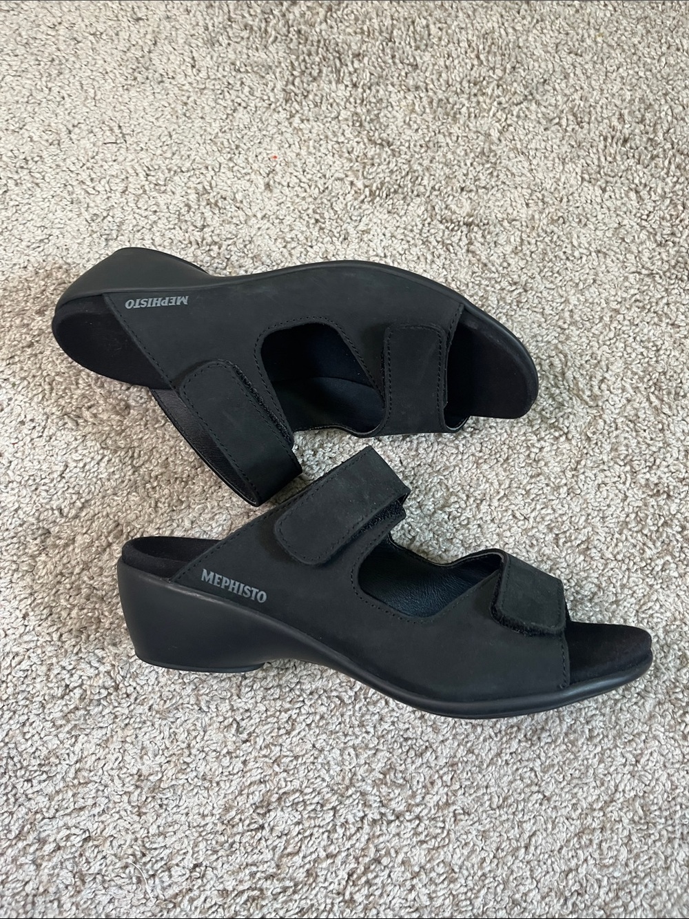 Mephisto Black Nubuck Adjustable Slide Walking Sandals Wedge Open Toe 9 US 39 EU